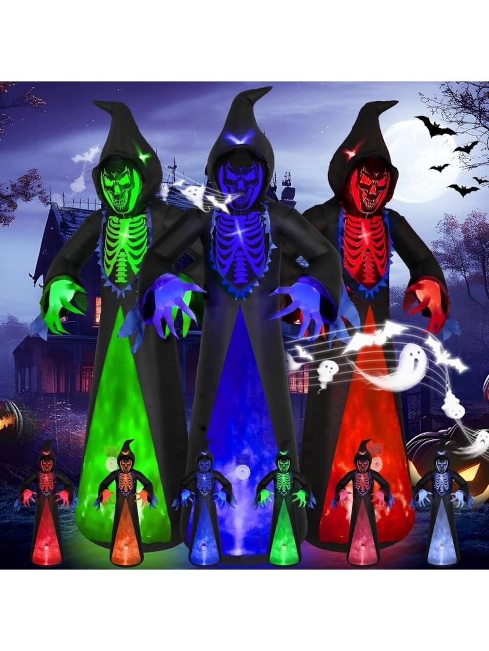 🎃12FT Halloween Inflatables 7-Colors Giant Scythe Ghost Screaming Sound Decor